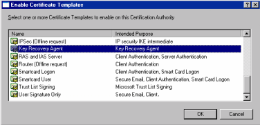 Windows Enable Certificate Templates window with Key Recovery Agent selected in the list